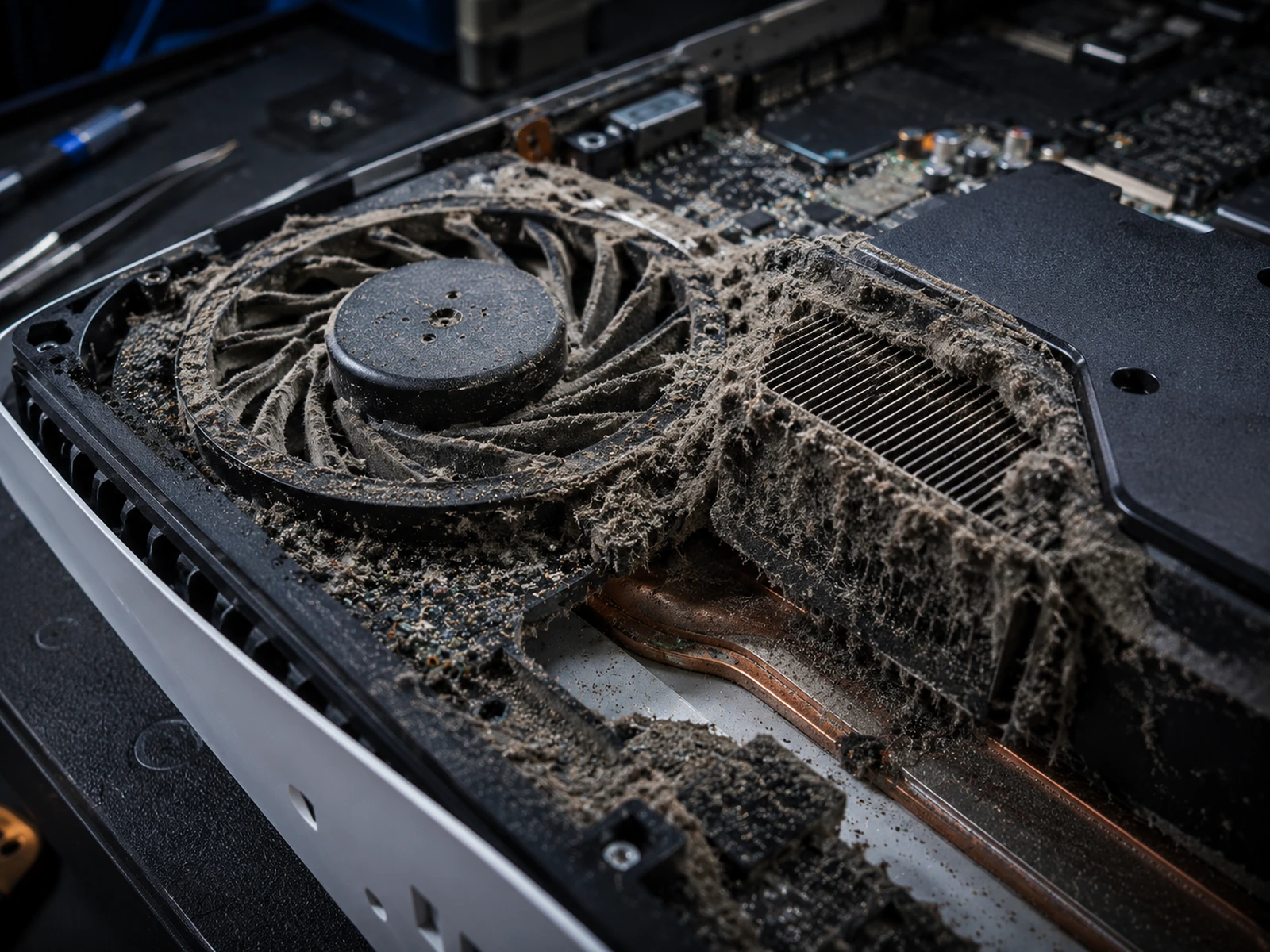 AI-assisted visualization of a dusty PlayStation 5 cooling system before professional cleaning