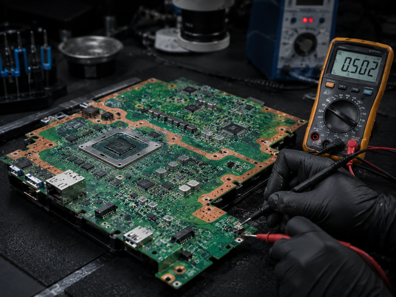 AI-assisted visualization of professional Xbox motherboard diagnostics