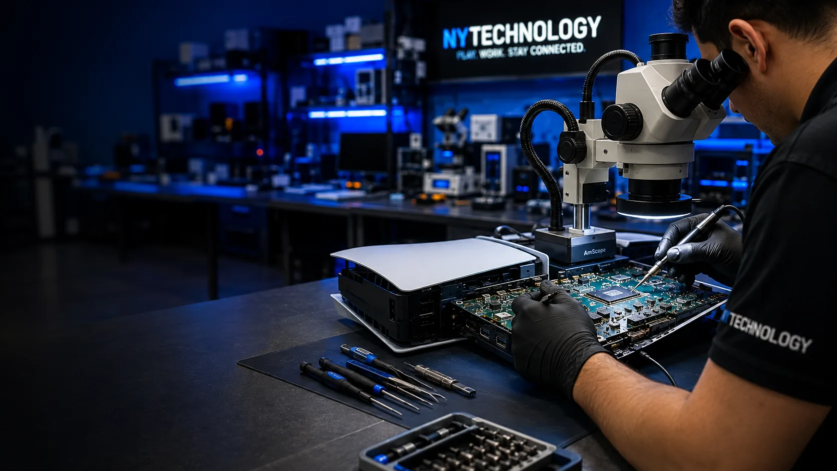 NYTechnology electronics repair technician working under a microscope in the Bronx