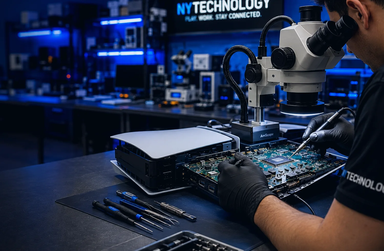 Professional console cooling-system inspection in the NYTechnology repair laboratory
